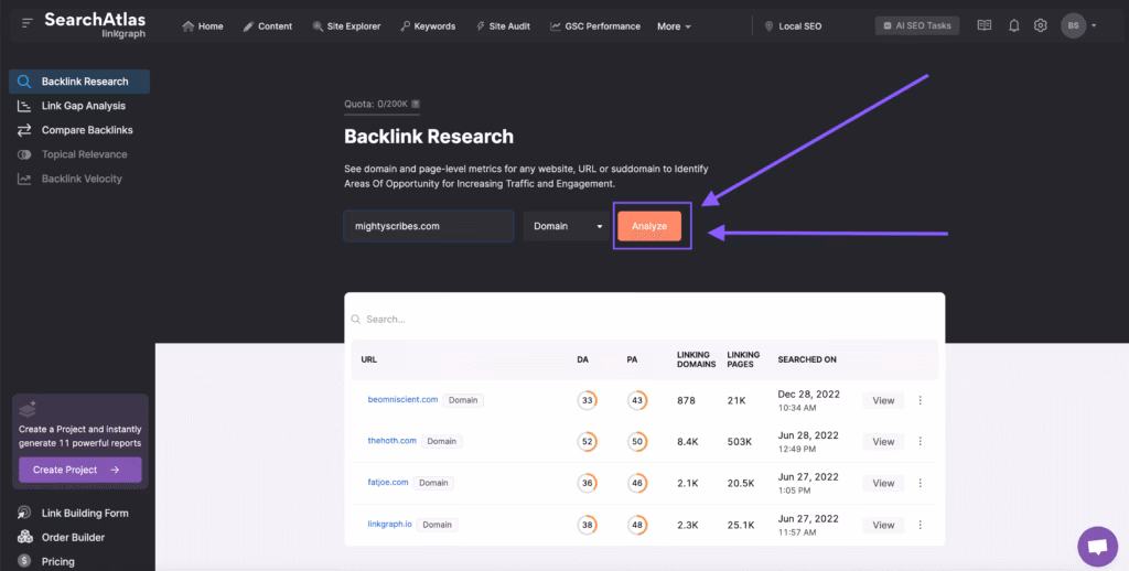 Backlink Analyzer tool in Search Atlas with purple square around the button the user needs to click