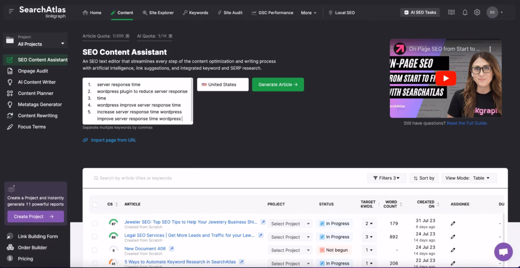 Screenshot of the SEO Content Assistant tool in Search Atlas with five target keywords included