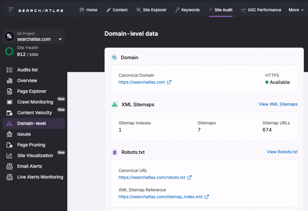 Search Atlas Domain-Level Audit of Sitemaps and Robots.txt files