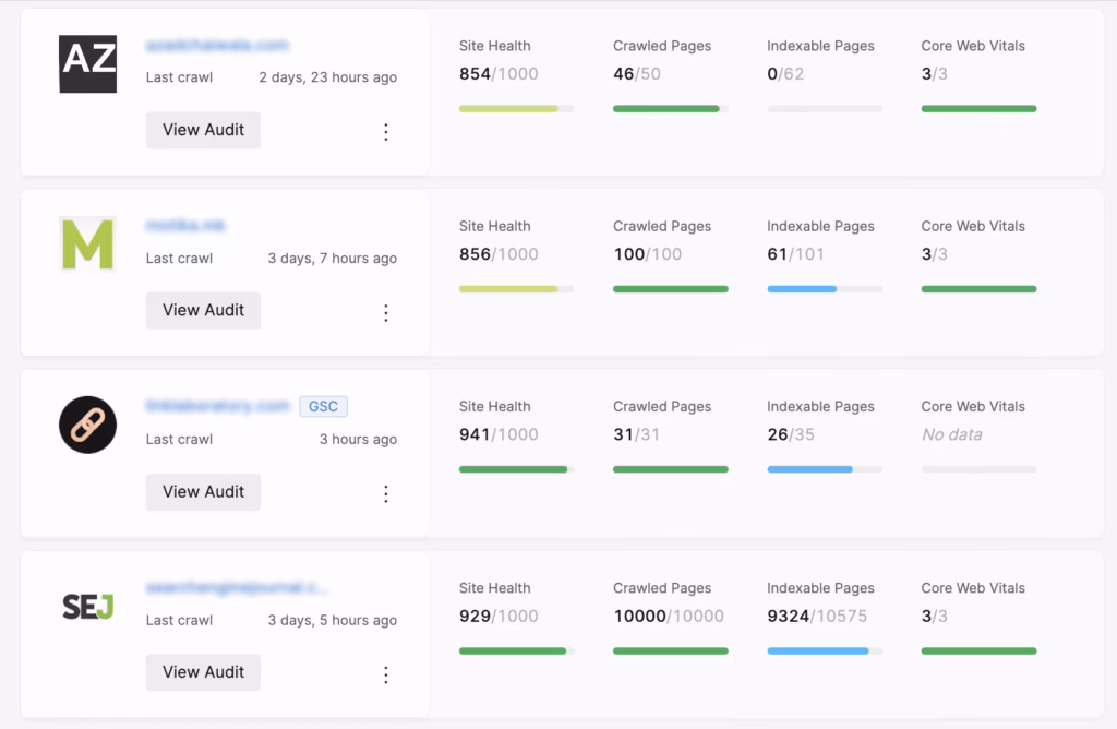 Four screenshots of website SEO audit summaries showing site health, numbers of crawled and indexable pages, core web vitals scores, and the Topical Map.