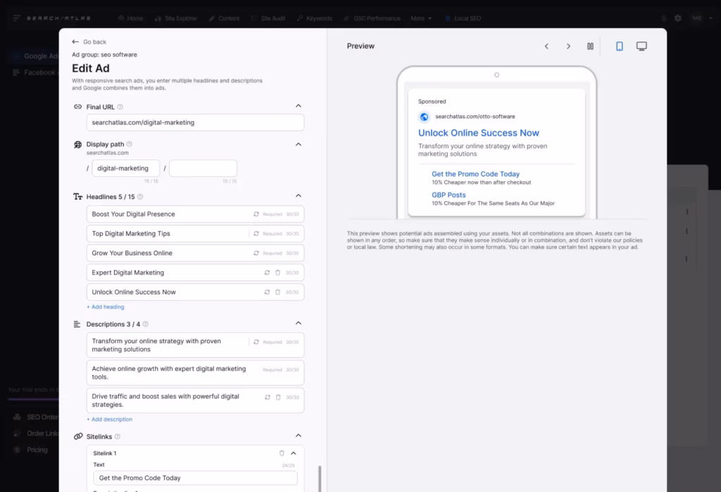 Activate OTTO Google Ads to your current OTTO projects to start generating ready-to-launch Google Ads campaigns.