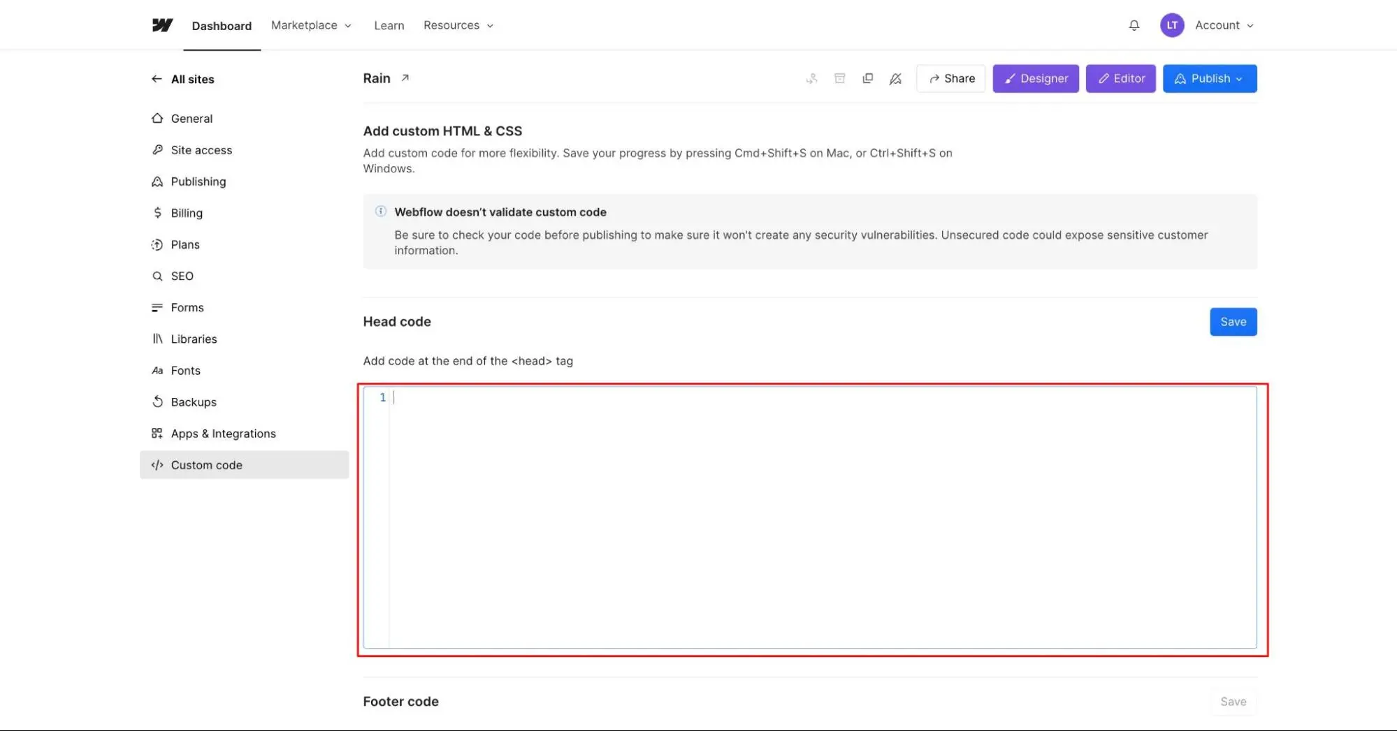 A web page interface with options to add custom HTML & CSS and an empty text box highlighted in red for inputting code under "Head code" now includes seamless SEO integration.