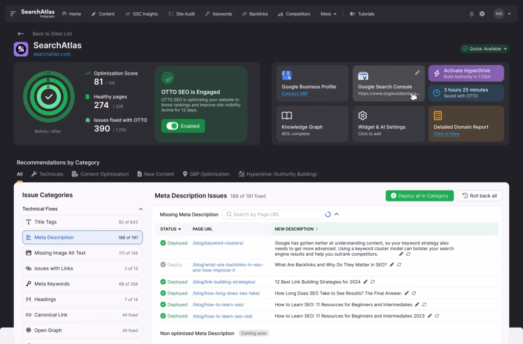Otto SEO Dashboard showcasing AI-powered SEO automation tools
