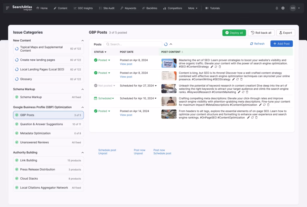 OTTO SEO dashboard displays GBP posts, their status (posted or scheduled), and the post content