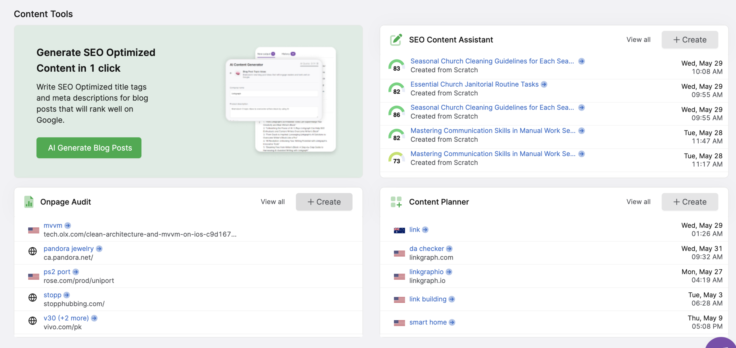 Dashboard showcasing "Content Tools" with sections for "SEO Content Assistant," "Onpage Audit," and "Content Planner." Includes buttons for creating, viewing tasks, and a promotional message highlighting the ease of generating SEO content in one click.