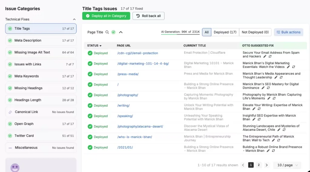 A screenshot of a web interface showing title tag issues in various categories like Page Titles, Meta Descriptions, and Missing Heading Tags. Each issue is marked as "Deployed" and detailed with page URLs, essential for effective citation building in local SEO strategies.