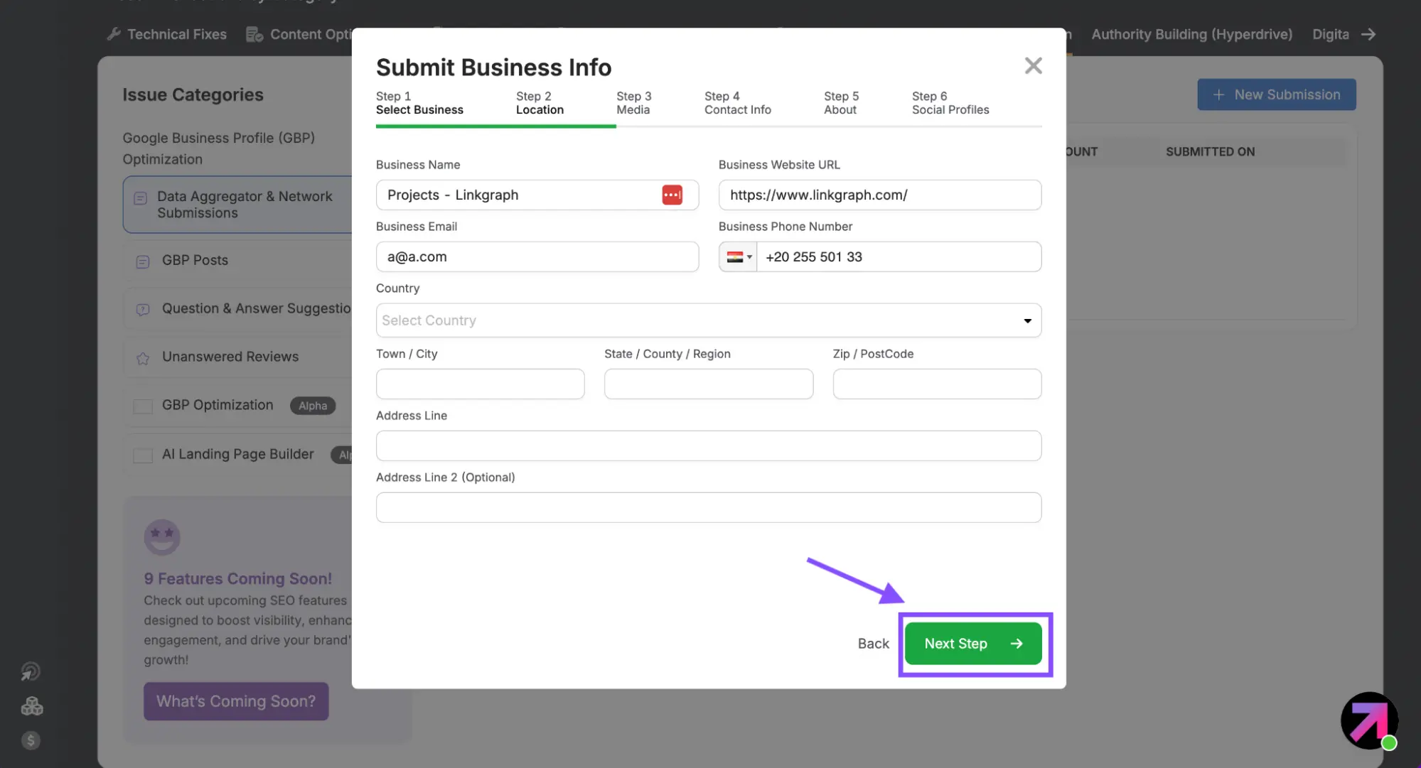 A screenshot showcasing a 'Submit Business Info' form with fields for business details. A purple arrow highlights the green 'Next Step' button at the bottom—an essential feature for any Local Citation Builder tool.