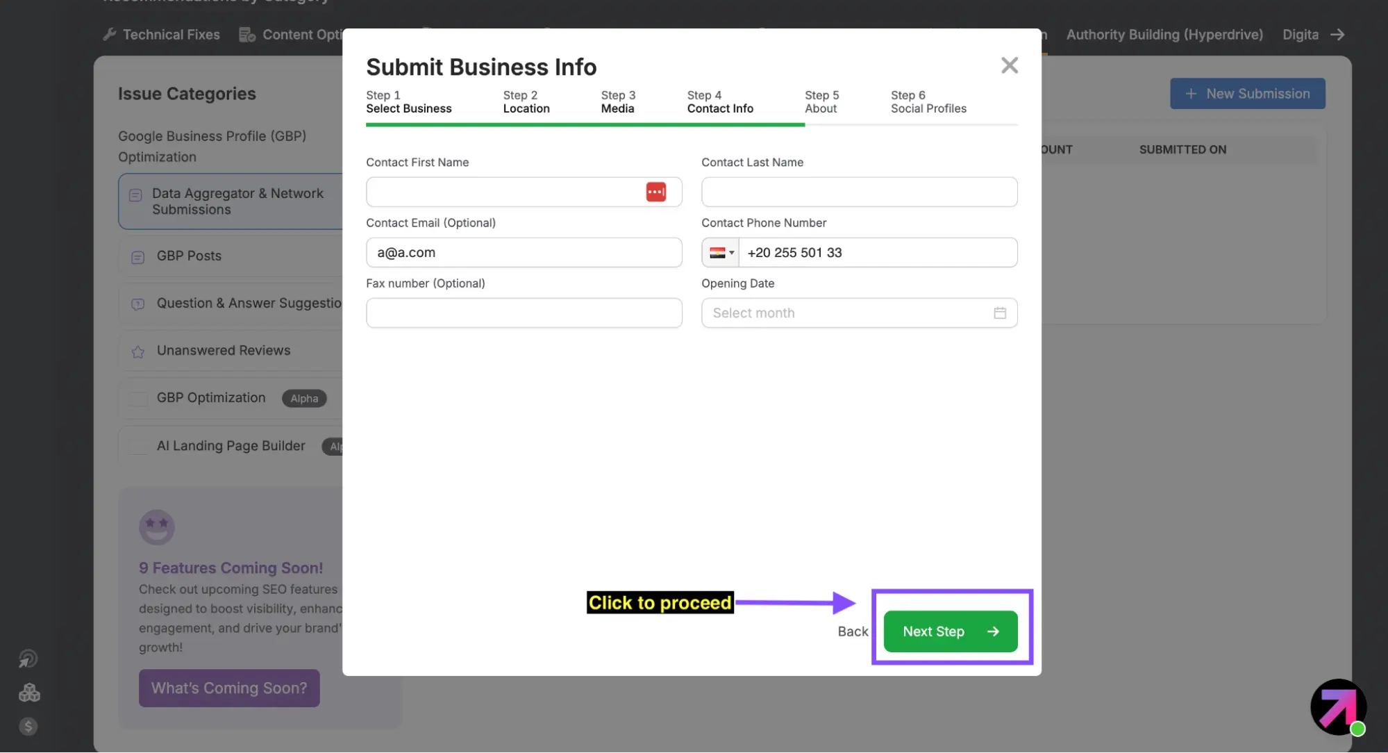 A form titled "Submit Business Info" with fields for Contact First Name, Last Name, Email, Phone Number, and optional inputs helps streamline local citations. A "Next Step" button highlighted in green is at the bottom right.