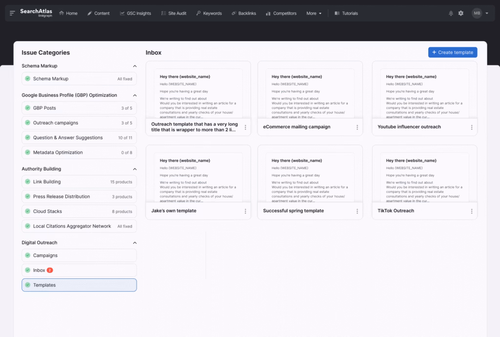 A dashboard interface showcasing various issue categories on the left column and a selection of outreach email templates in the inbox section on the right. The interface includes navigation options at the top, perfect for managing your digital PR efforts.