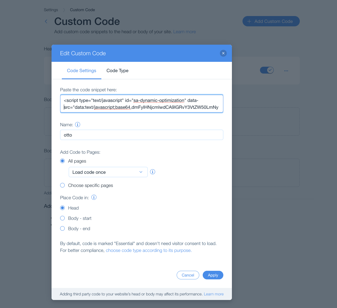 Screenshot of a "Custom Code" settings window in OTTO, displaying options to add code to a website. The "Code Settings" tab is visible, showing a text box with a script and choices for where to apply the pixel code.