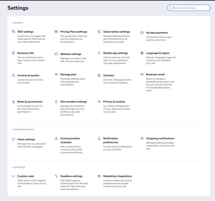 Screenshot of a settings page featuring options such as SEO settings, business info, payment acceptance, language & region, and various user preferences including roles, permissions, privacy, and communication—all designed with the sleek interface of Pixel.