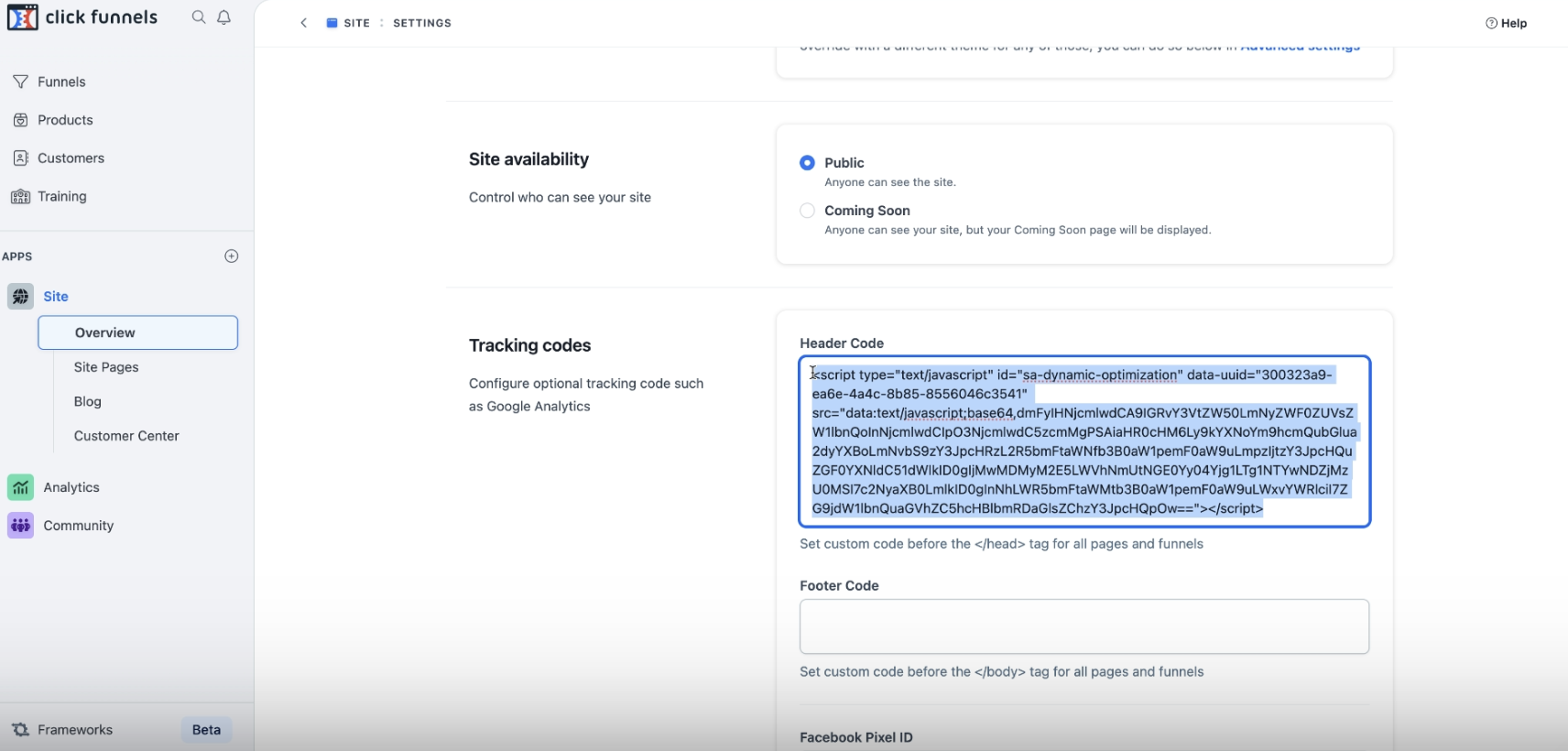 Screenshot of the ClickFunnels settings page, highlighting a section for adding OTTO Pixel tracking codes, with code input fields for "Header Code" and "Footer Code" displayed.