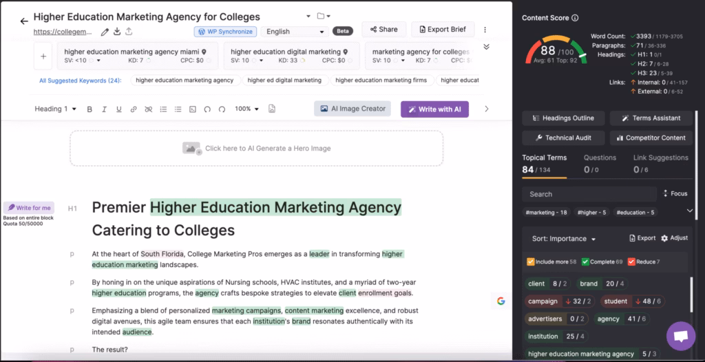 A screenshot of a webpage titled "Higher Education Marketing Agency for Colleges" showcases highlighted text alongside an SEO content analysis sidebar, featuring scores, keyword suggestions, and insights on affordable SEO tools.