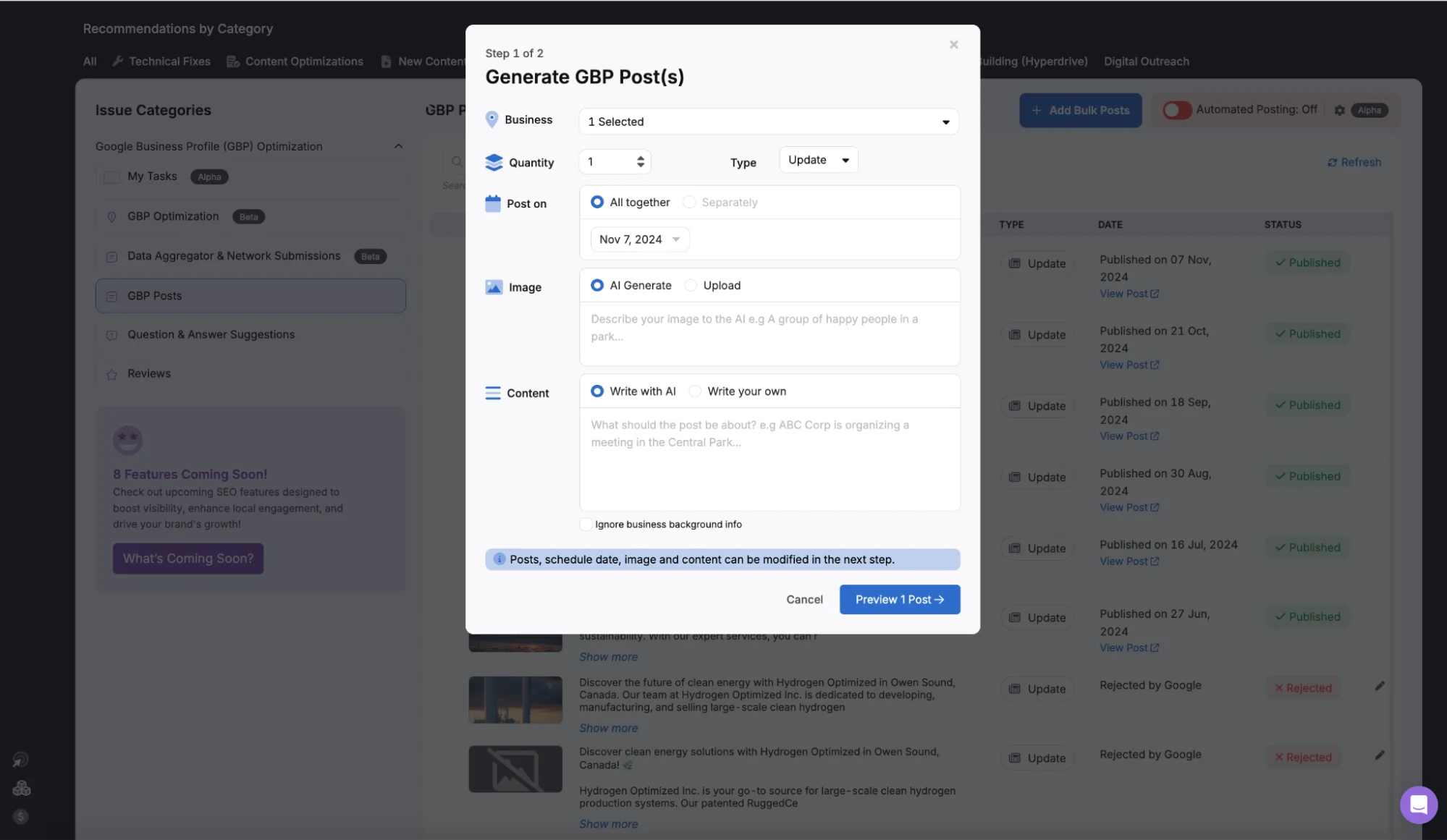 Screenshot of an interface for adding a press release, optimized with Otto SEO. A success message indicates content is generated, with a "View Content" button highlighted in purple. A checkbox and "Continue" button are below.