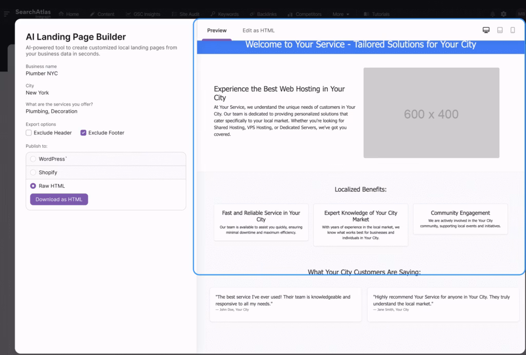 Screenshot of an AI Landing Page Builder tool. The interface displays options for a local business, including preview and editing features. A sample page for web hosting services appears in the preview pane, optimized with Otto SEO tools to enhance online visibility.