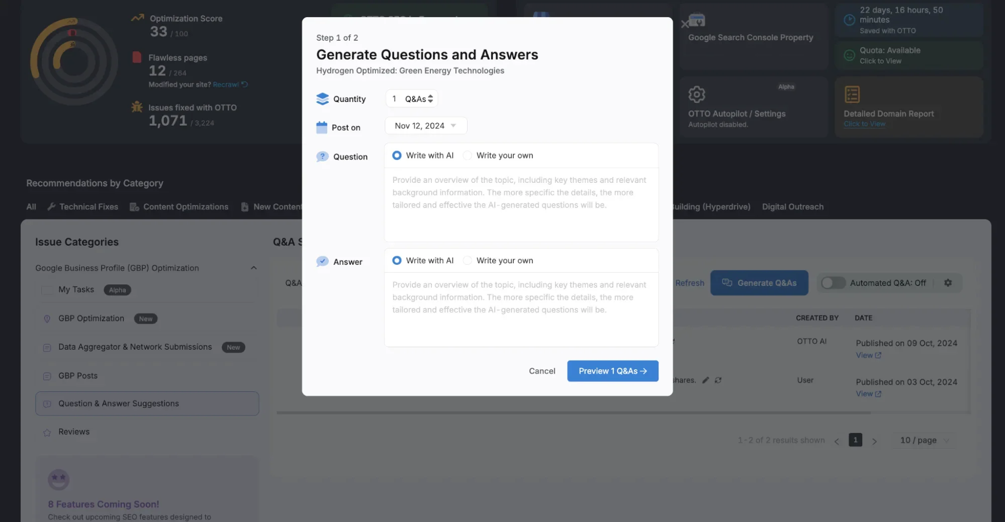 Screenshot of a webpage showcasing a press release flow by Otto SEO. It indicates that AI content has been successfully generated, with options to view, accept the content, and continue.