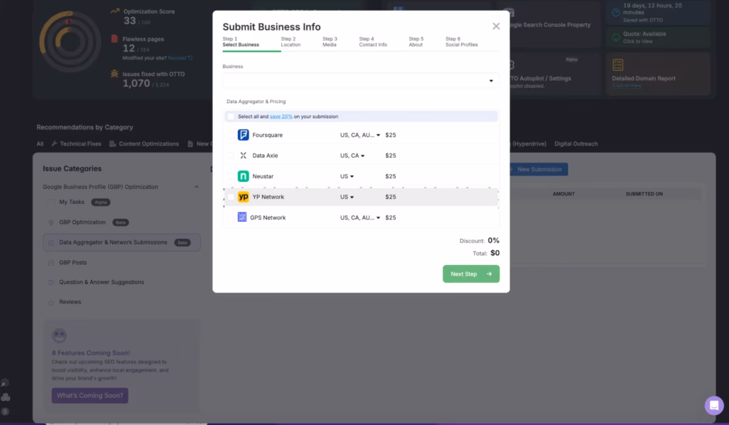 A pop-up window labeled "Submit Business Info" appears on a computer screen, utilizing advanced software for seamless profile management. Four service options are checked, displaying prices alongside a "Next step" button to optimize your Google Business experience.