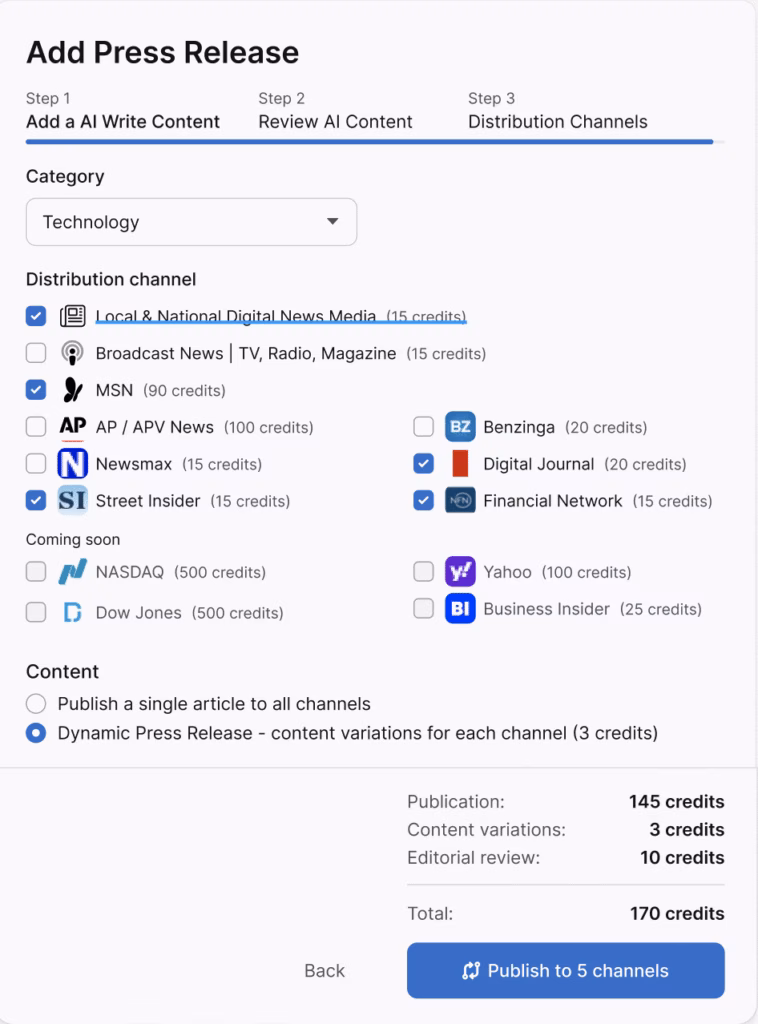 Screenshot of a press release distribution platform, Otto SEO, showing options for category selection, distribution channels, content variations, and associated costs in credits.