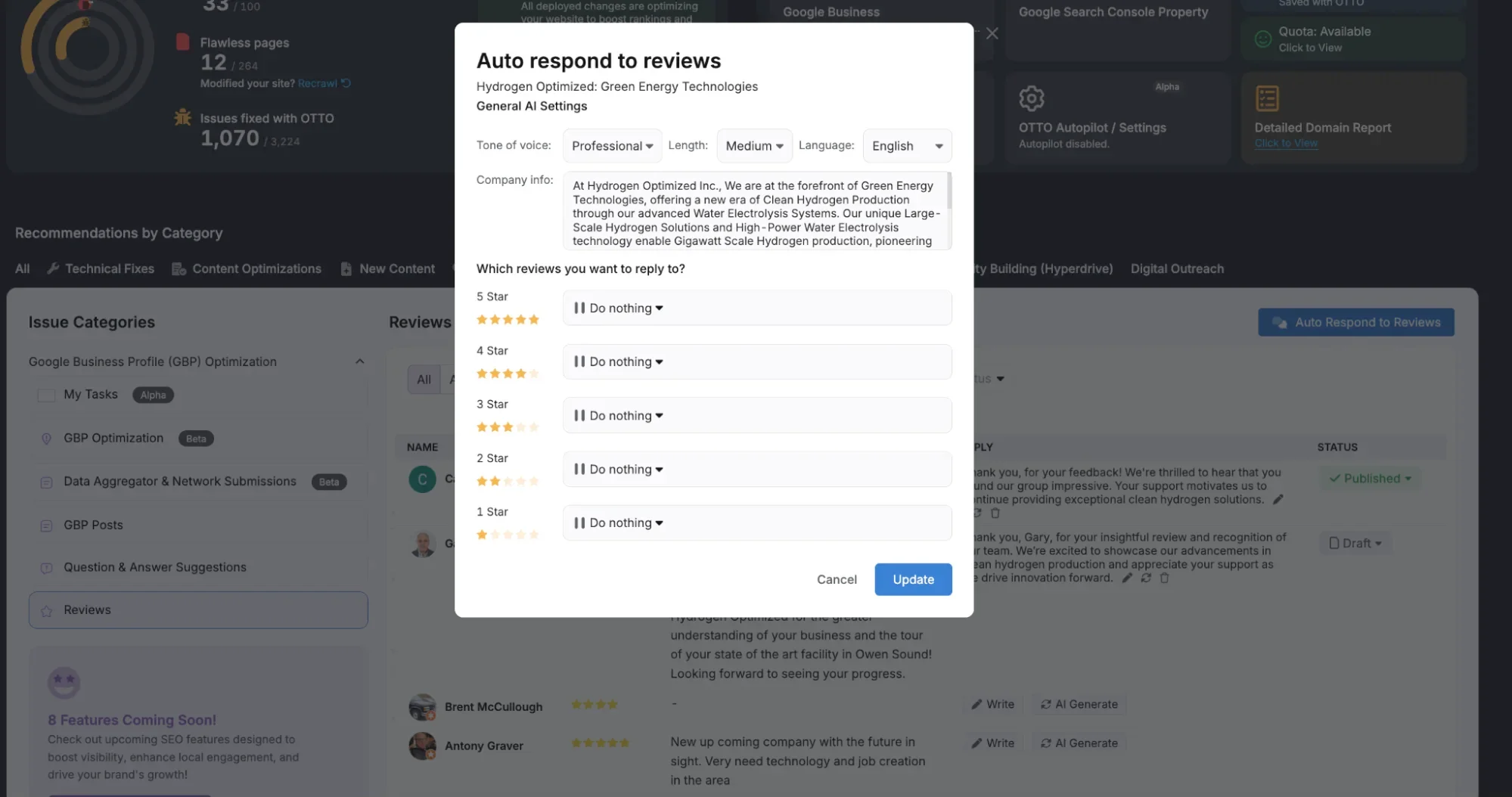 Screenshot of a press release distribution platform, Otto SEO, showing options for category selection, distribution channels, content variations, and associated costs in credits.