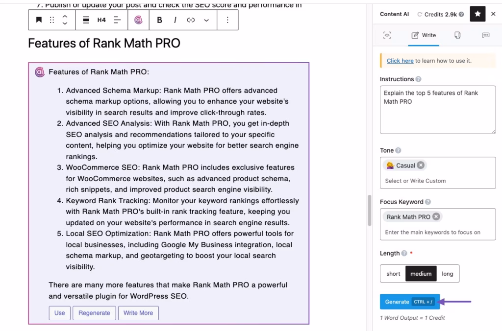 Rank Math AI Generate output in content write mode example