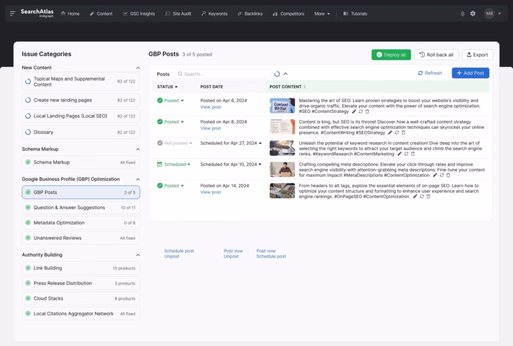 Search Atlas OTTO SEO Issue Details and GBP Posts Feature