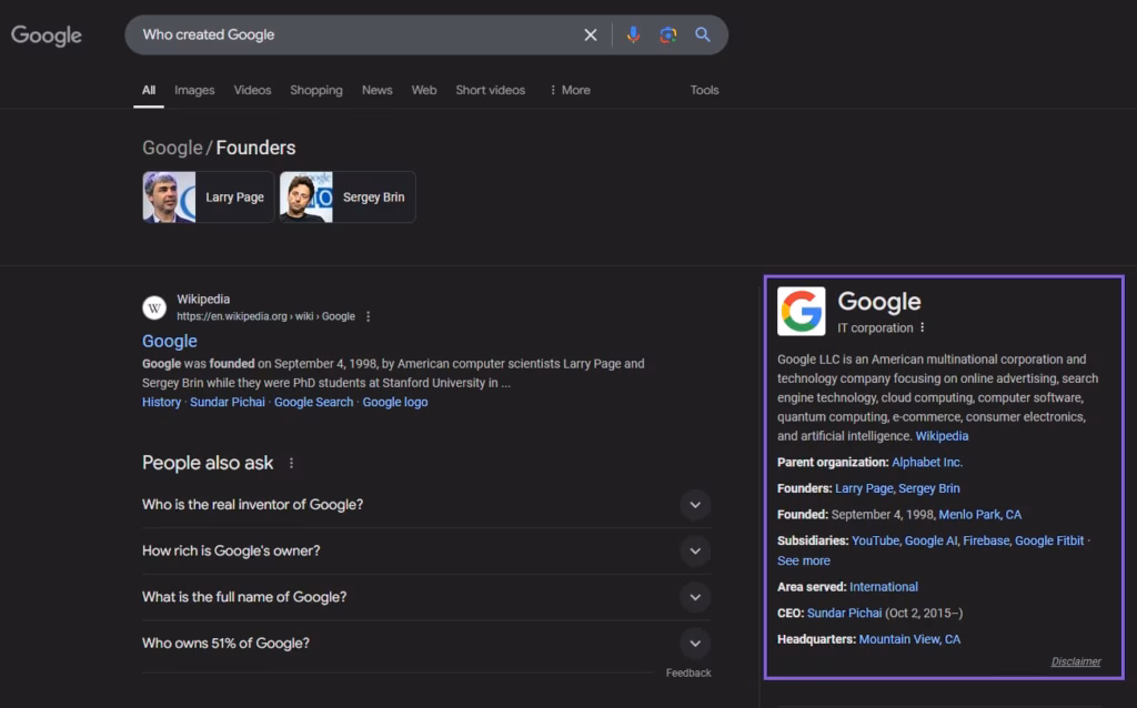 Google knowledge panel example who created Google