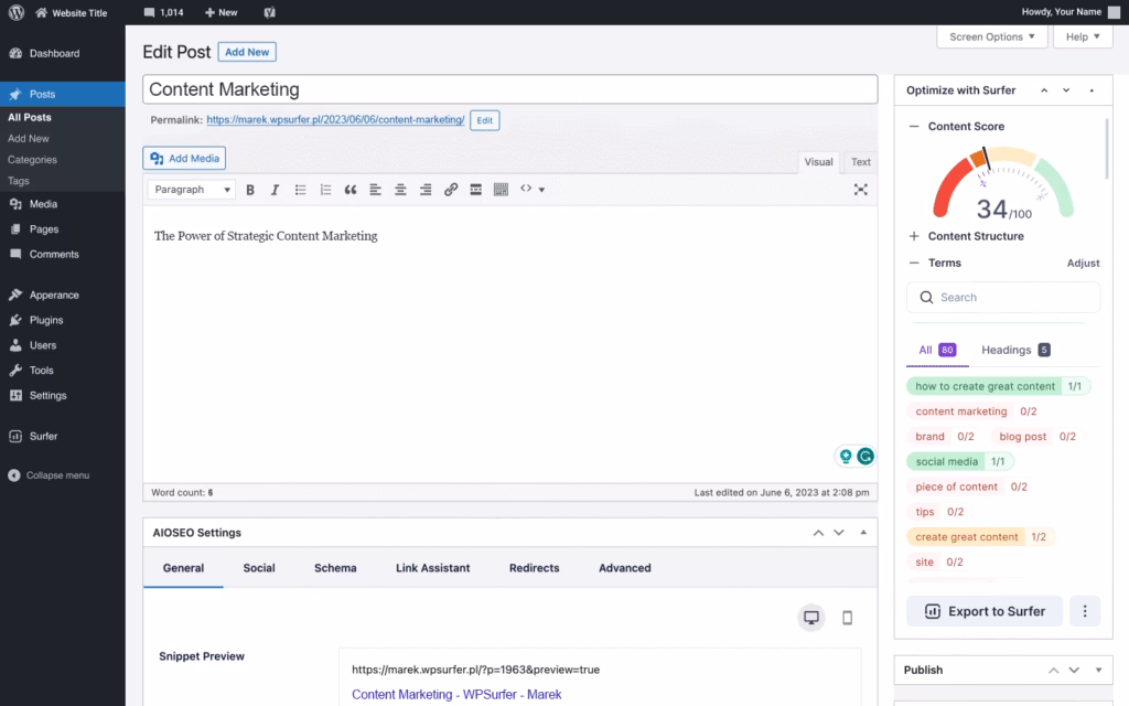 Surfer SEO wordpress plugin example