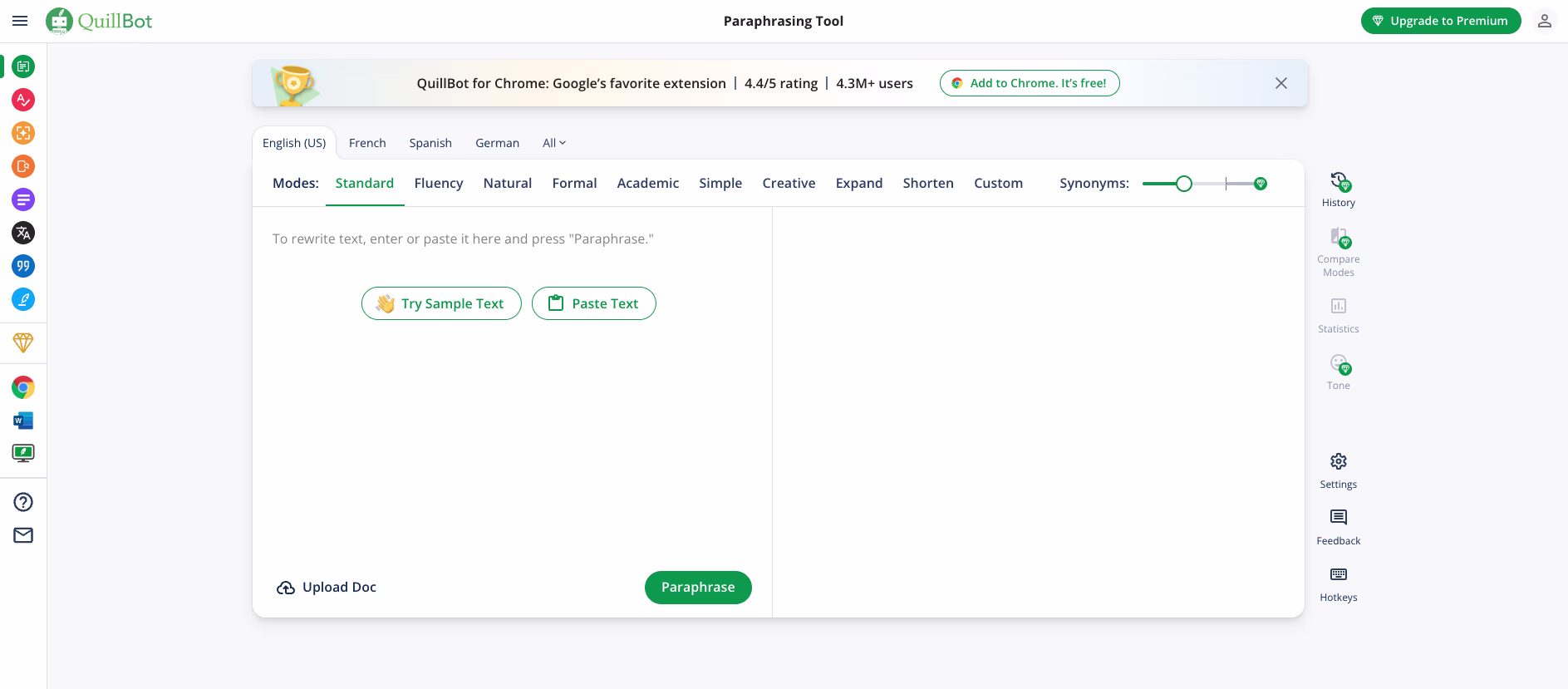Screenshot of QuillBot AI paraphrasing tool showing text input area, rewriting modes, and synonym slider for rewriting and improving text
