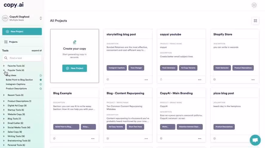 Copy.ai main dashboard