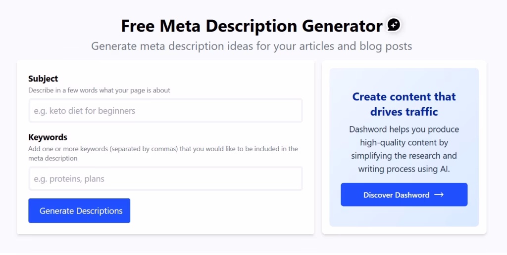 Dashword Meta Description Generator