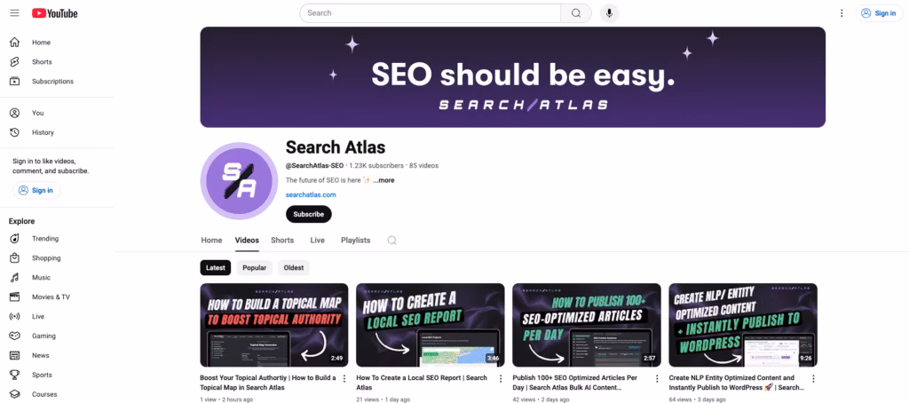 Search Atlas YouTube Homepage Example