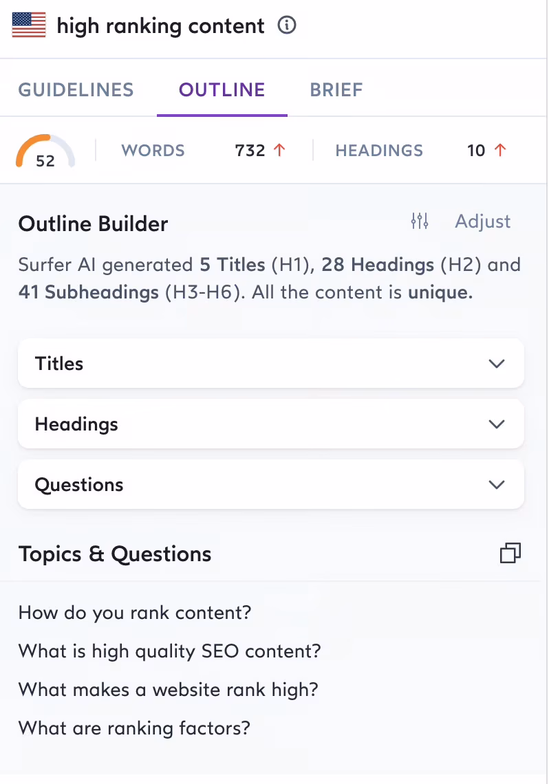 Surfer SEO outline builder feature