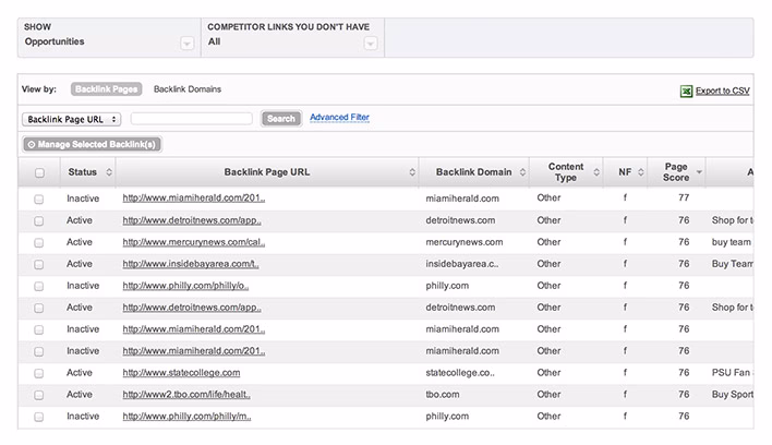BrightEdge dashboard displaying competitor backlink opportunities and missing backlink page URLs
