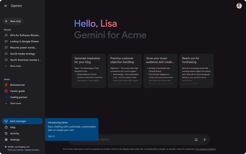 google gemini workspace black background