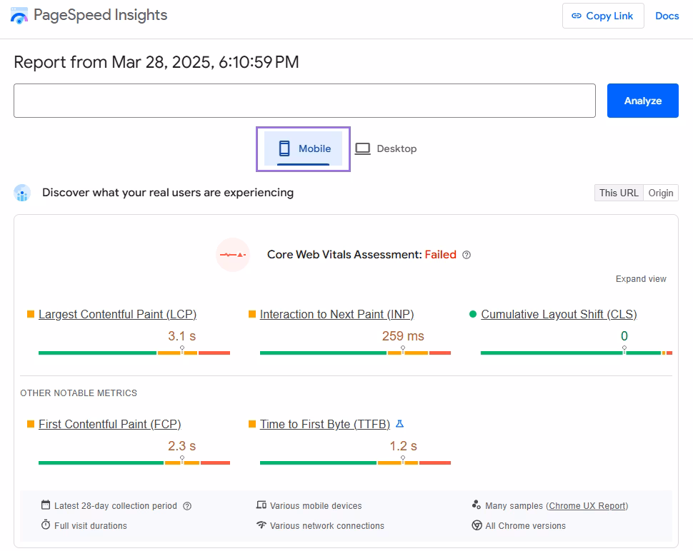 google pagespeed insights psi mobile test