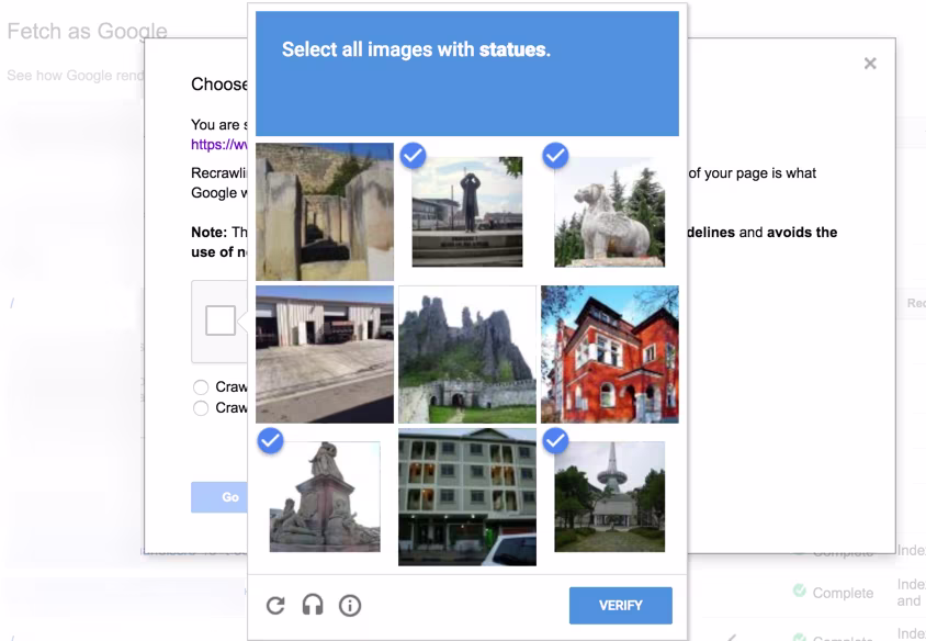 Google reCAPTCHA verification screen asking user to select all images with statues before proceeding