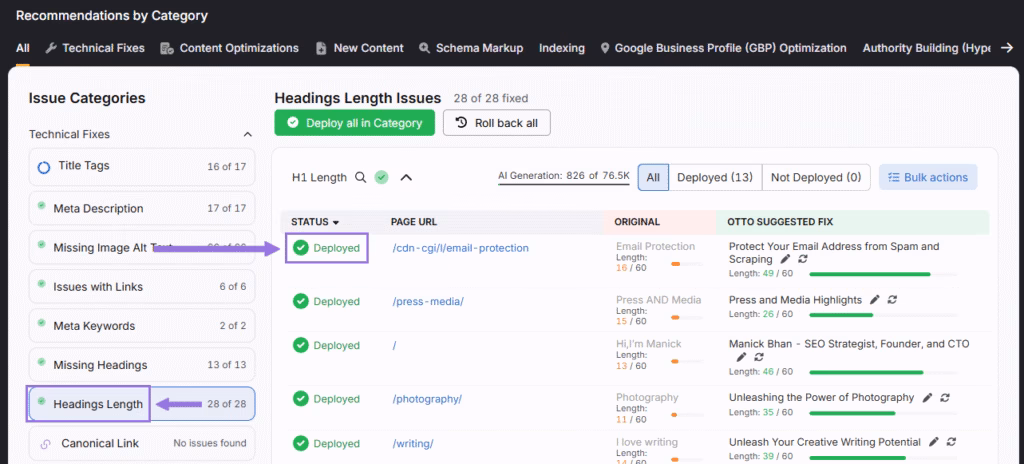 OTTO SEO headings length issues