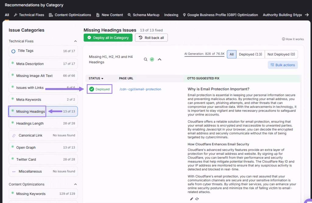 OTTO SEO missing headings issues