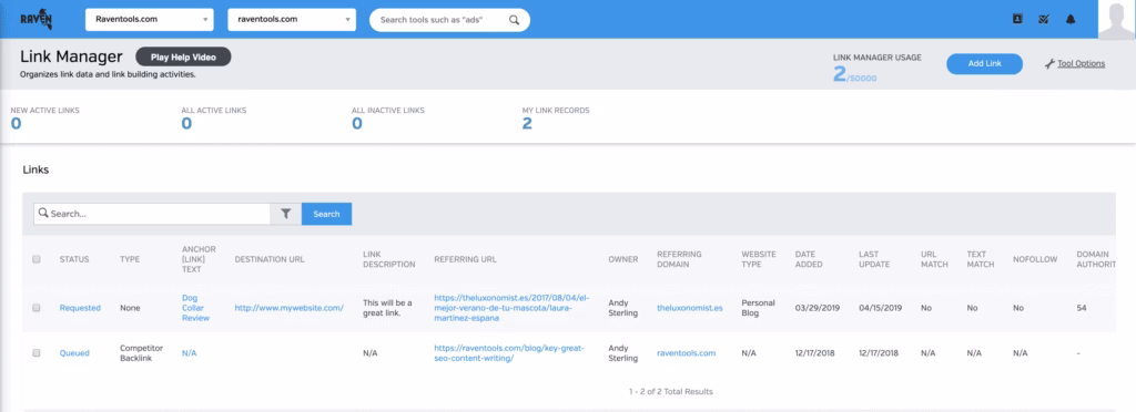 link manager dashboard raven tools