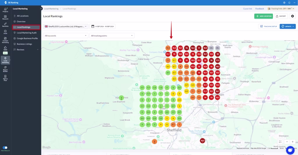 SE Ranking local SEO heat map showing keyword ranking positions for a locksmith business in Sheffield area with red yellow and green grid indicators