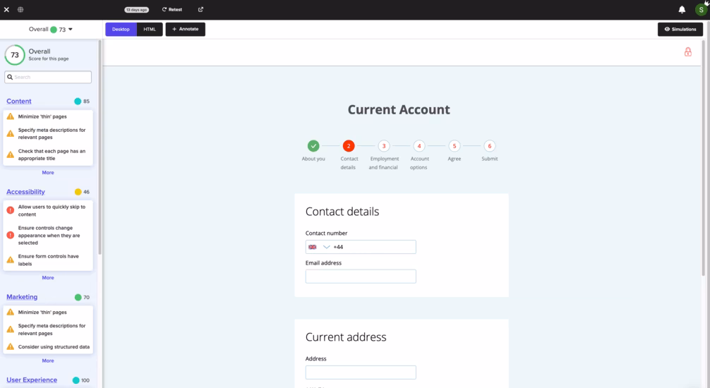 silktide dashboard example current account