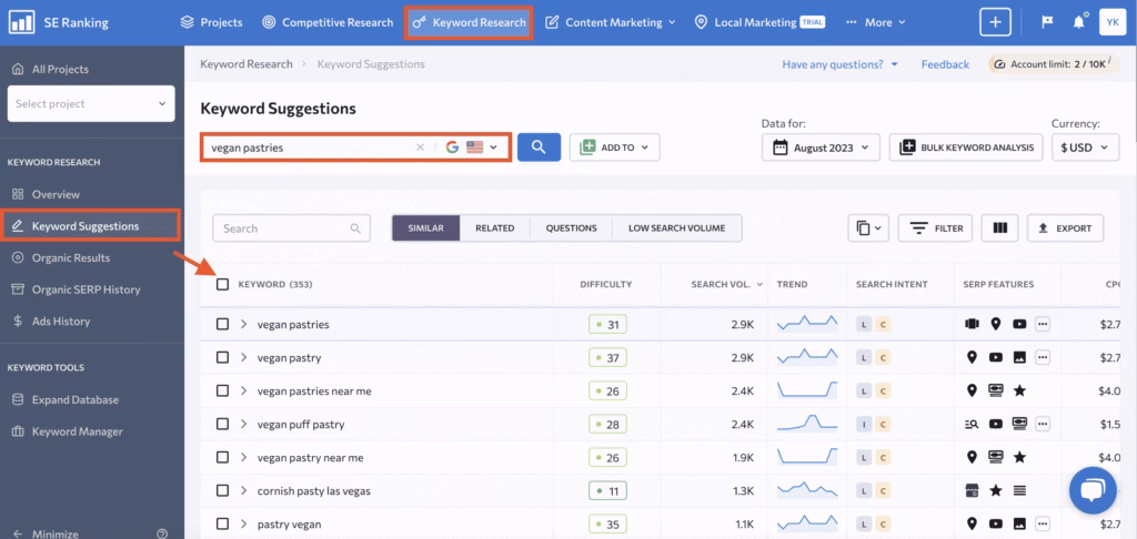keyword research SE ranking - Keyword Suggestions