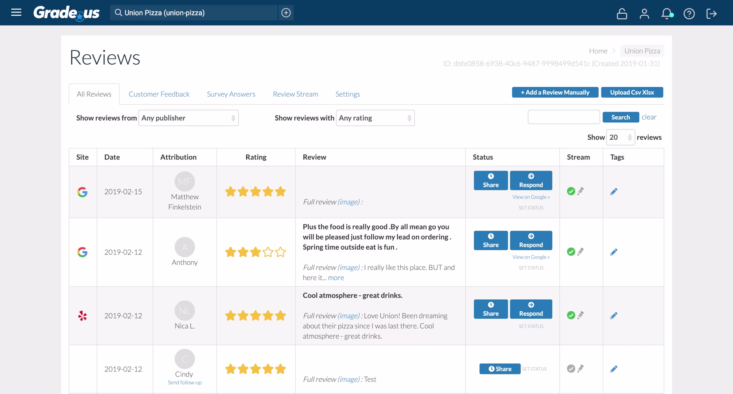 Grade.us review management dashboard showing customer reviews, ratings, and responses for Union Pizza from Google and Yelp