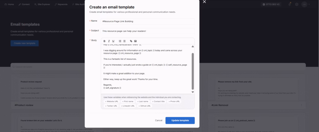 email template feature digital pr tool search atlas