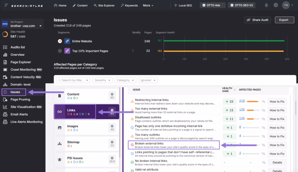search atlas site audit tool issues with links