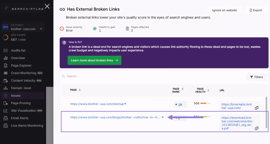 external broken links issues