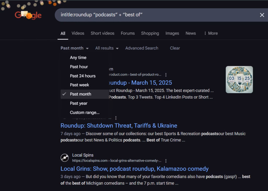 filter for link roundup on Google search