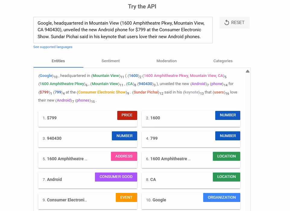 google API sentence analysis