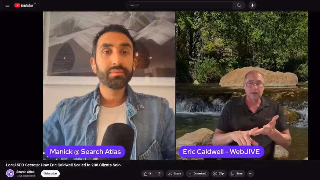 YouTube interview video showing two speakers discussing local SEO growth strategies, featuring a Search Atlas representative and a WebJIVE expert sharing client success insights