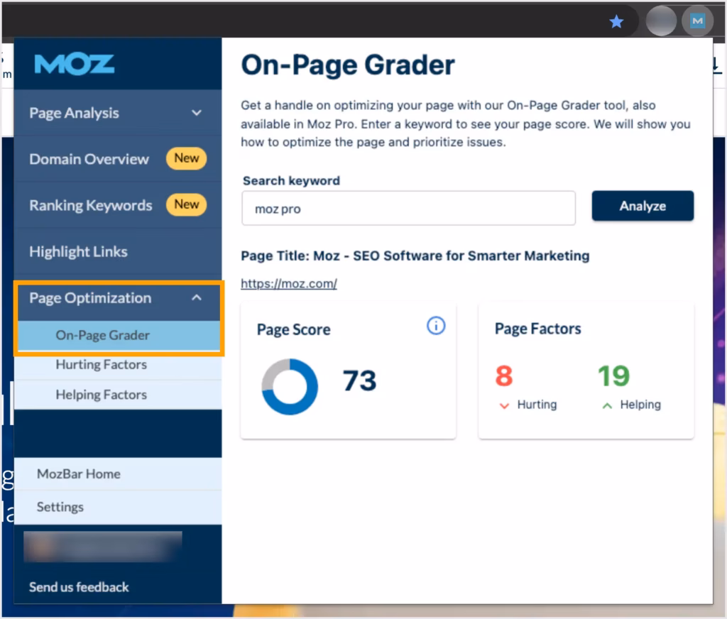moz MozBar onpage grader optimization